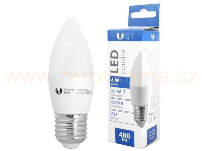 Žárovka LED svíčková 230V/6W, E27, studená bílá